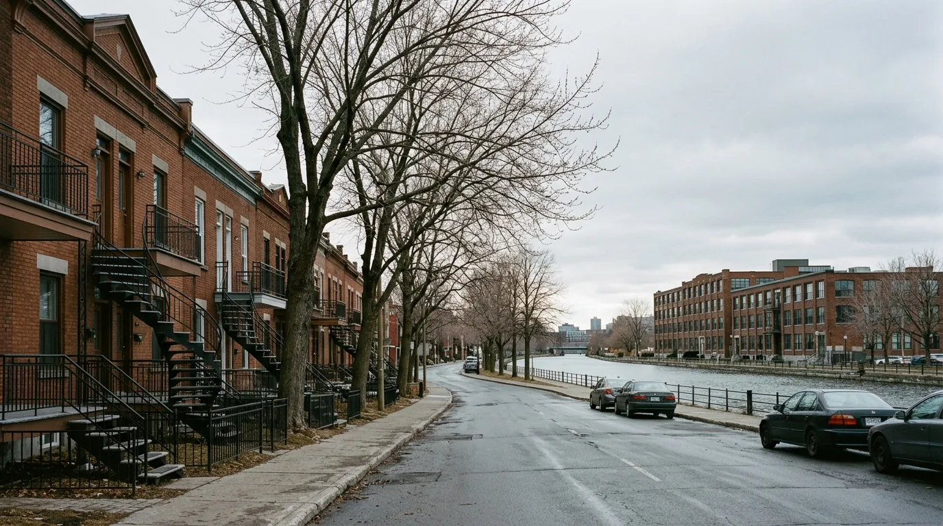 Rue résidentielle du sud-ouest de Montréal bordée de triplex en brique avec escaliers extérieurs, près d'un canal et d'anciens bâtiments industriels.
