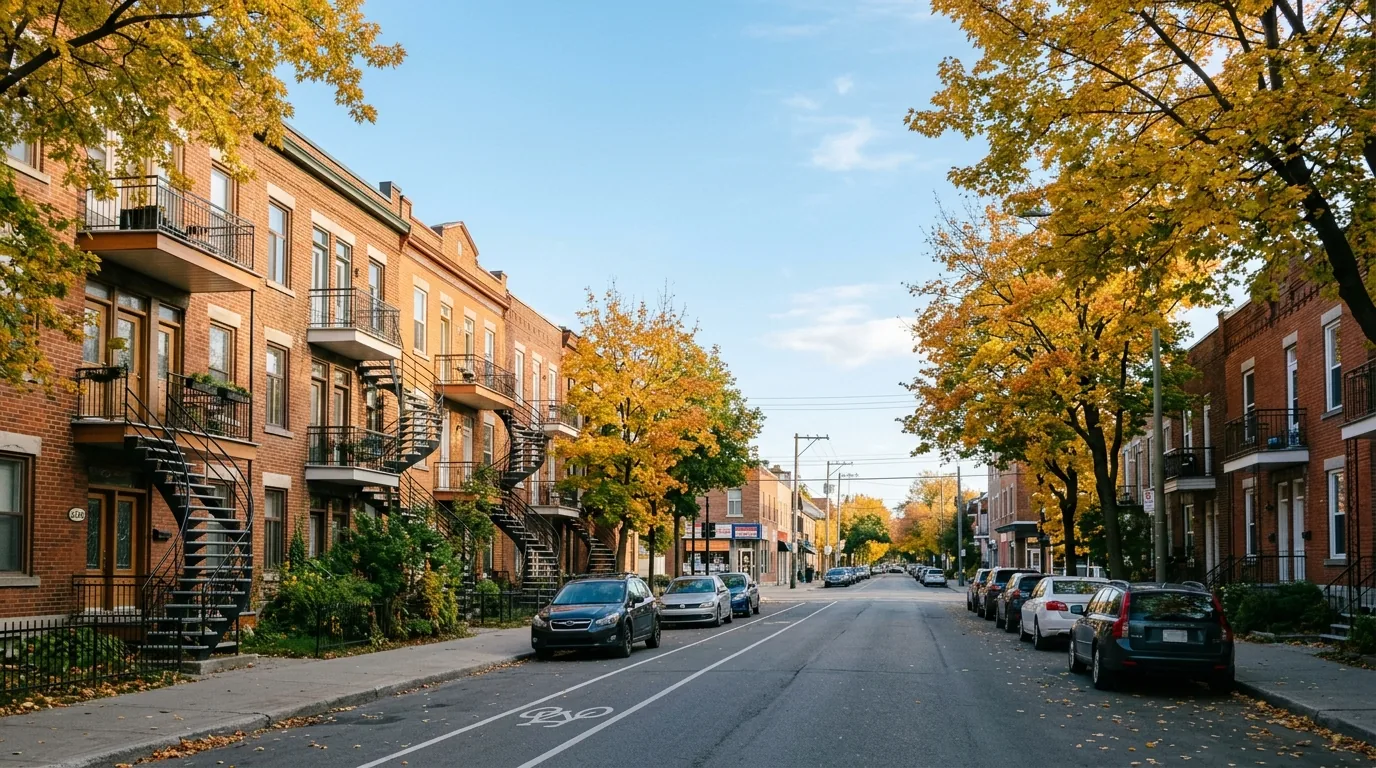 Rue résidentielle typique d'un quartier montréalais avec des immeubles de briques à escaliers extérieurs et des arbres aux couleurs d'automne.