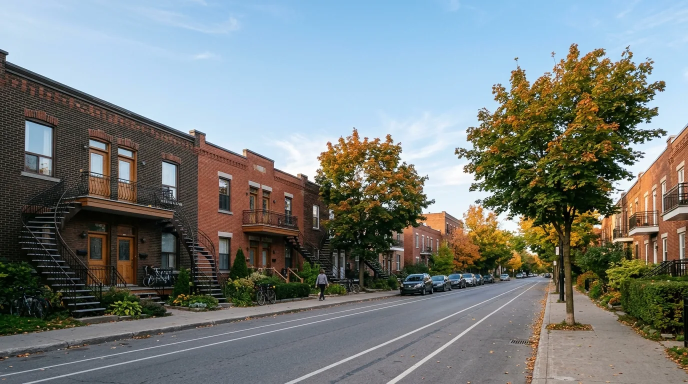 Rue résidentielle bordée de duplex en brique avec escaliers extérieurs en colimaçon et arbres matures, sous une lumière douce de fin d'après-midi.