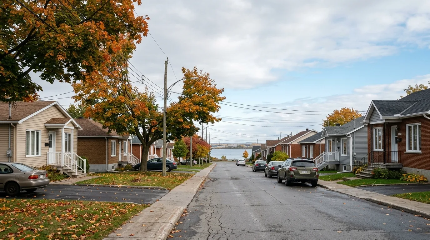 Rue résidentielle tranquille bordée de bungalows et d'arbres matures, avec le fleuve visible au bout de la rue.