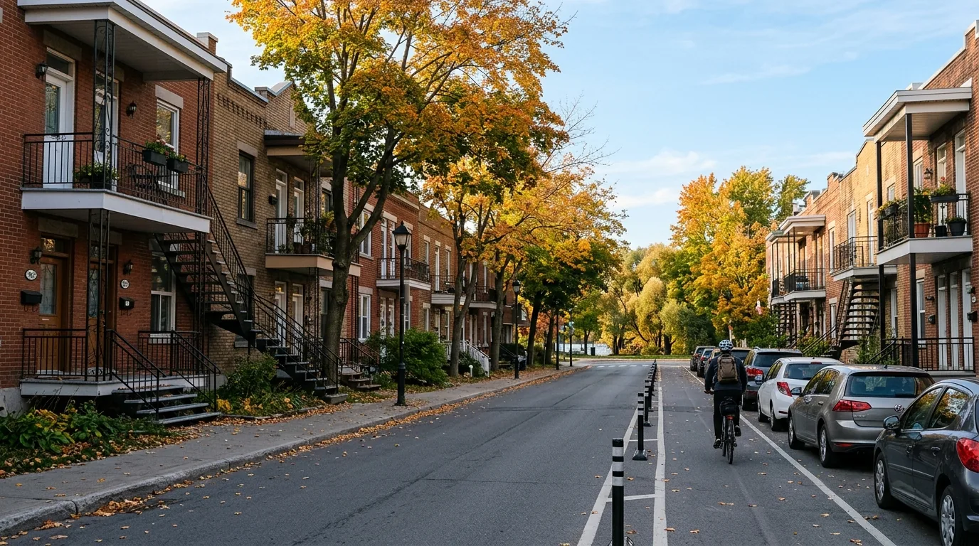 Rue résidentielle bordée de duplex en brique avec escaliers extérieurs et arbres aux couleurs d'automne dans un quartier montréalais.