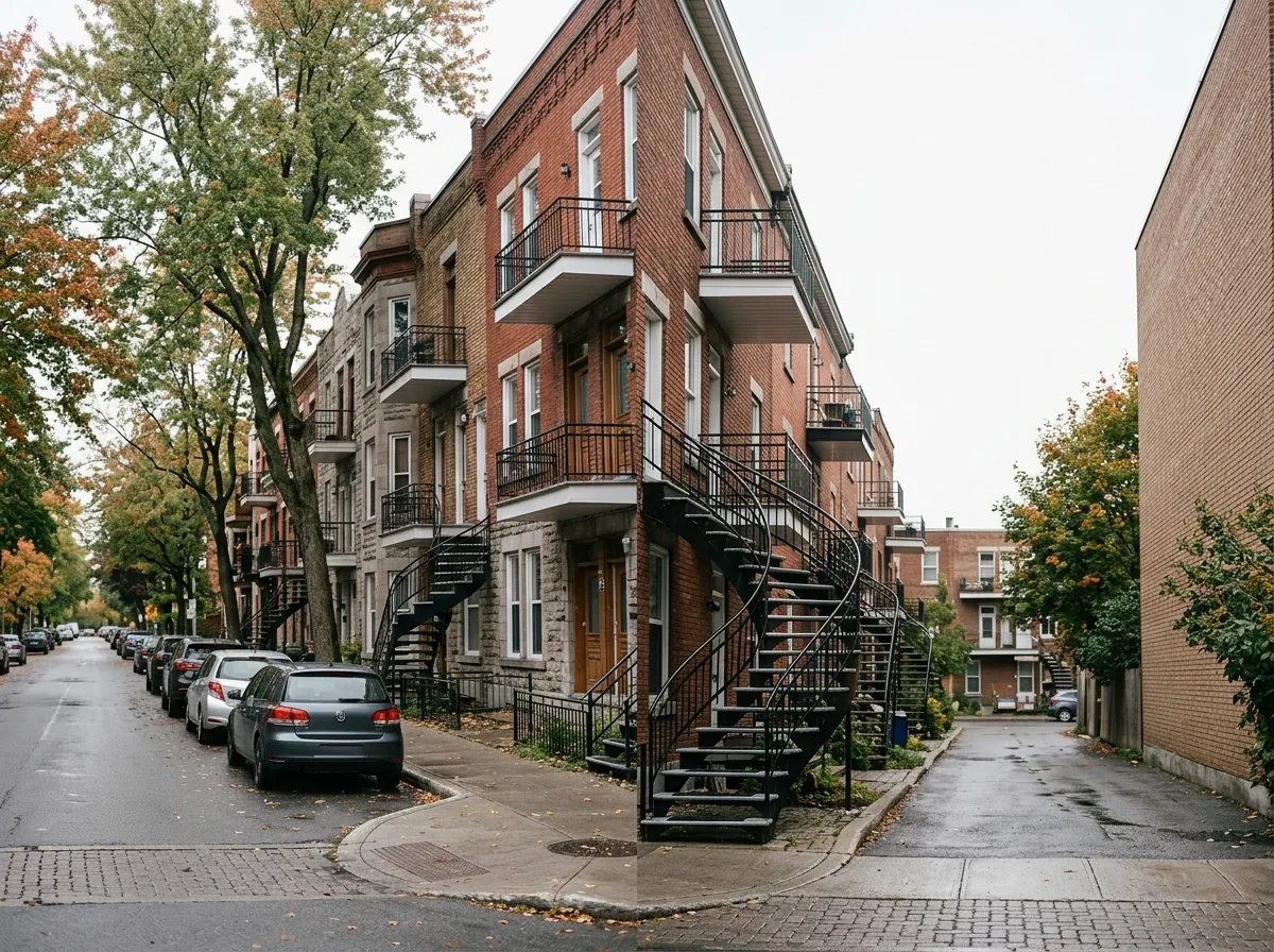 Rue résidentielle typique de Montréal bordée de triplex en brique avec escaliers extérieurs et arbres matures sous une lumière naturelle douce.