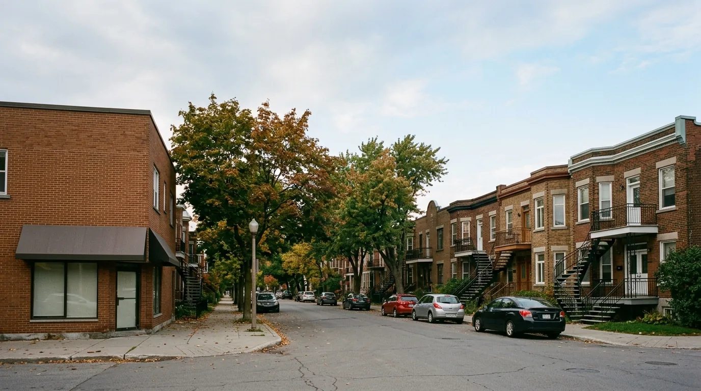 Rue résidentielle de l'est de Montréal bordée de duplex en brique avec escaliers extérieurs en colimaçon et arbres matures.