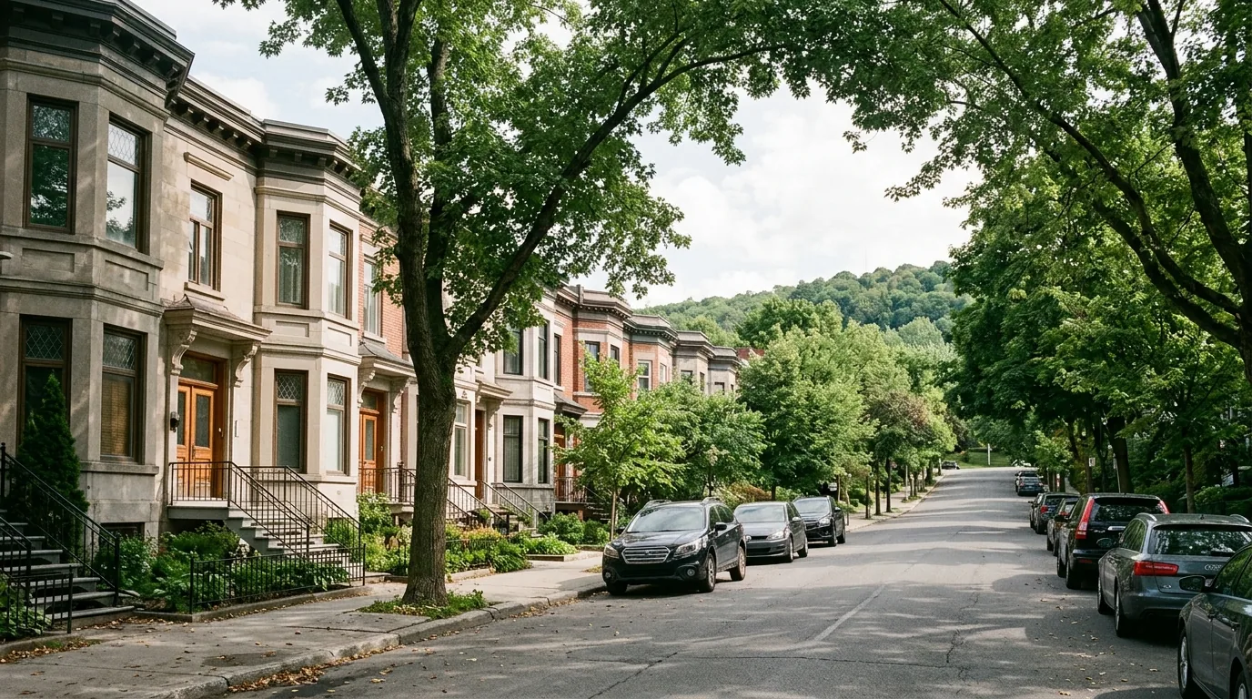 Rue résidentielle bordée d'arbres et de maisons en pierre grise dans un quartier montréalais.