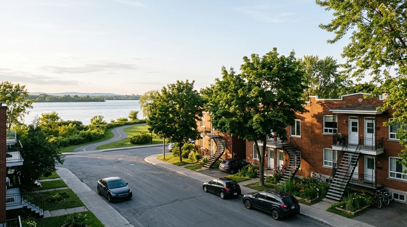 Rue résidentielle bordée de duplexes en brique et d'arbres matures, avec le fleuve visible au loin.