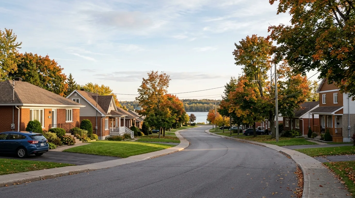 Rue résidentielle bordée d'arbres avec des maisons individuelles et un cours d'eau calme à l'arrière-plan, sous une lumière douce d'automne.